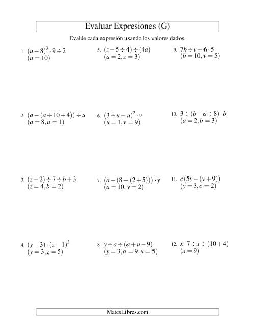 La hoja de ejercicios de Evaluar Expresiones Algebraicas, Tres Variables, Cuatro Pasos (G)