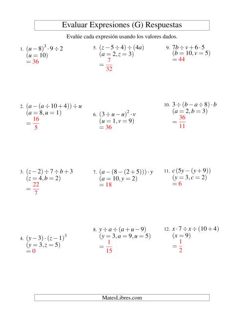 La hoja de ejercicios de Evaluar Expresiones Algebraicas, Tres Variables, Cuatro Pasos (G) Página 2