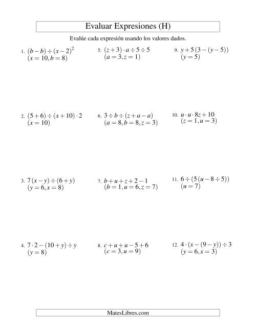 La hoja de ejercicios de Evaluar Expresiones Algebraicas, Tres Variables, Cuatro Pasos (H)