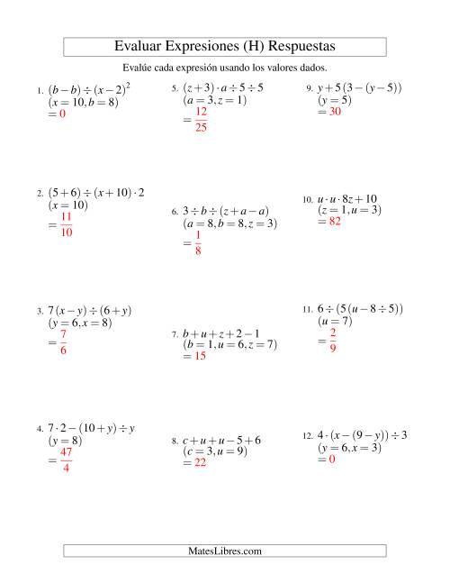 La hoja de ejercicios de Evaluar Expresiones Algebraicas, Tres Variables, Cuatro Pasos (H) Página 2