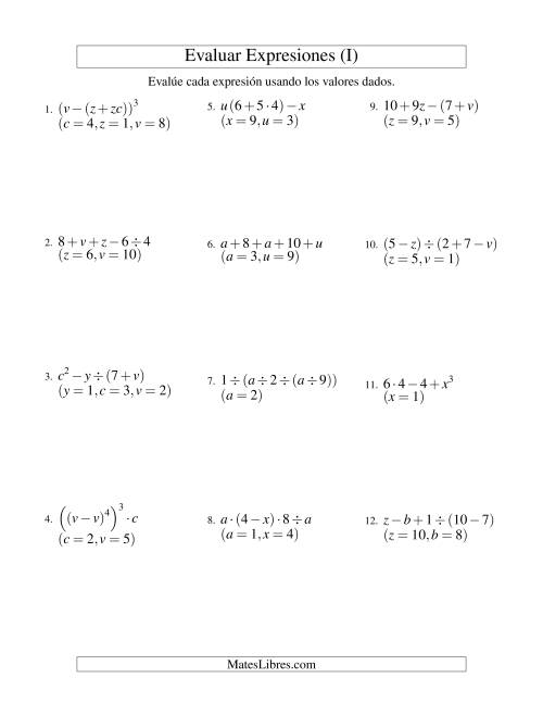 La hoja de ejercicios de Evaluar Expresiones Algebraicas, Tres Variables, Cuatro Pasos (I)