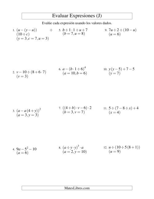 La hoja de ejercicios de Evaluar Expresiones Algebraicas, Tres Variables, Cuatro Pasos (J)
