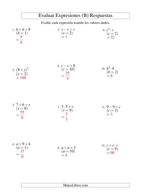 La hoja de ejercicios de Evaluar Expresiones Algebraicas, Una Variable, Dos Pasos (B) Página 2