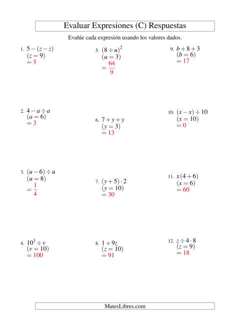 La hoja de ejercicios de Evaluar Expresiones Algebraicas, Una Variable, Dos Pasos (C) Página 2