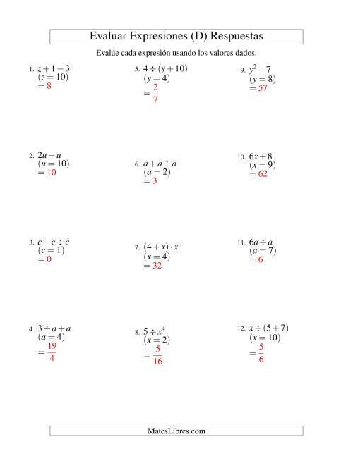 La hoja de ejercicios de Evaluar Expresiones Algebraicas, Una Variable, Dos Pasos (D) Página 2