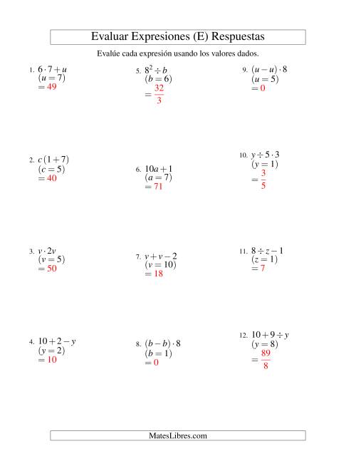 La hoja de ejercicios de Evaluar Expresiones Algebraicas, Una Variable, Dos Pasos (E) Página 2