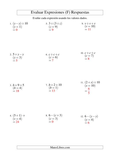 La hoja de ejercicios de Evaluar Expresiones Algebraicas, Una Variable, Dos Pasos (F) Página 2