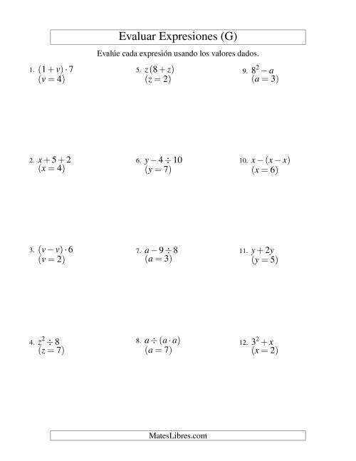 La hoja de ejercicios de Evaluar Expresiones Algebraicas, Una Variable, Dos Pasos (G)