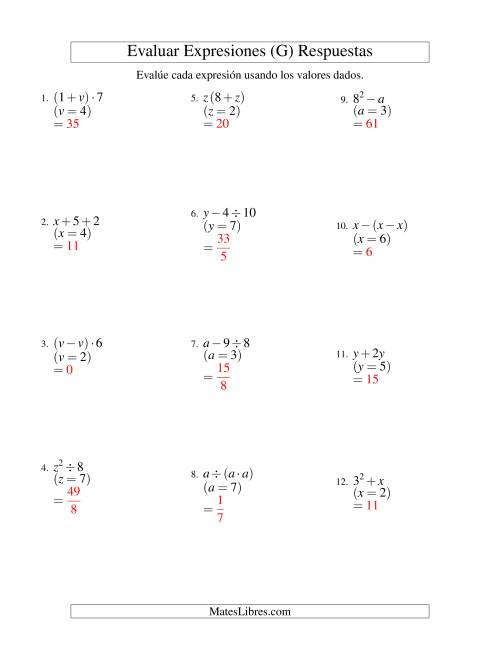 La hoja de ejercicios de Evaluar Expresiones Algebraicas, Una Variable, Dos Pasos (G) Página 2