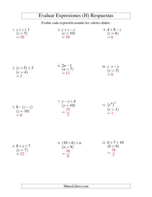La hoja de ejercicios de Evaluar Expresiones Algebraicas, Una Variable, Dos Pasos (H) Página 2