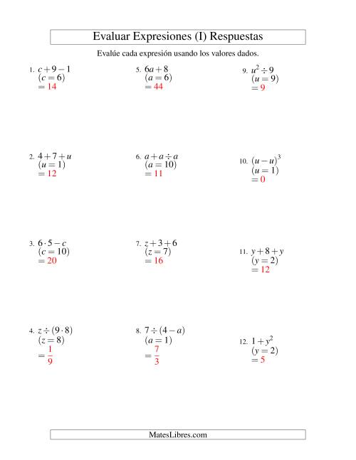 La hoja de ejercicios de Evaluar Expresiones Algebraicas, Una Variable, Dos Pasos (I) Página 2