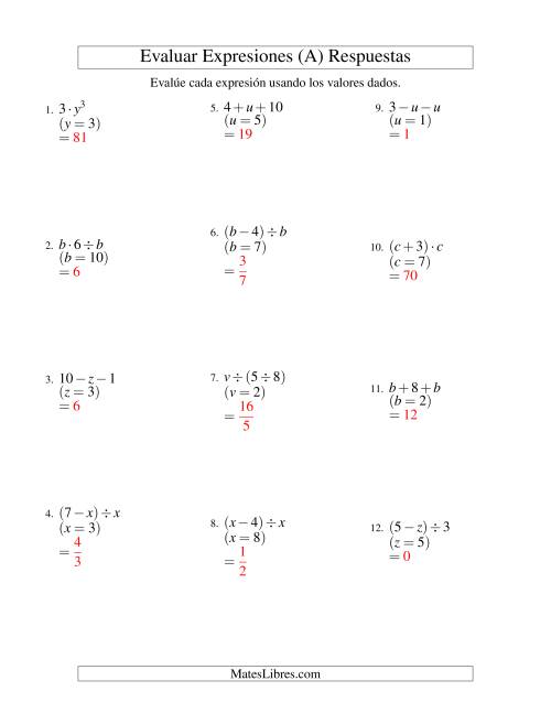 La hoja de ejercicios de Evaluar Expresiones Algebraicas, Una Variable, Dos Pasos (Todas) Página 2