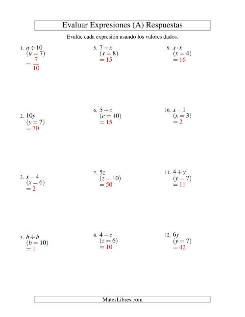 La hoja de ejercicios de Evaluar Expresiones Algebraicas, Una Variable, Un Paso (A) Página 2