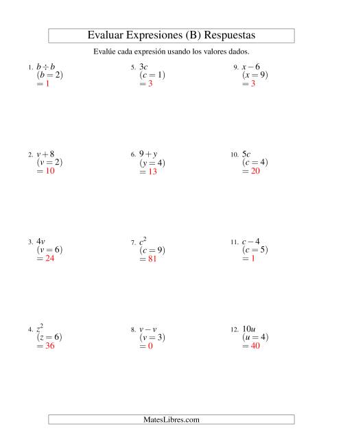 La hoja de ejercicios de Evaluar Expresiones Algebraicas, Una Variable, Un Paso (B) Página 2