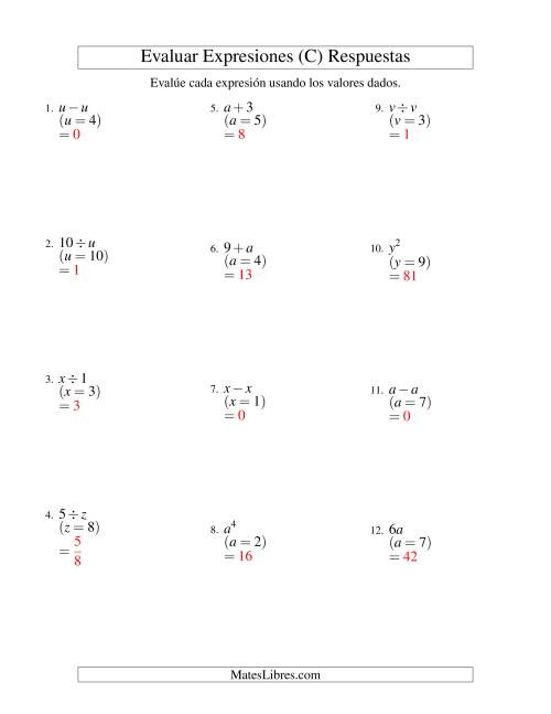 La hoja de ejercicios de Evaluar Expresiones Algebraicas, Una Variable, Un Paso (C) Página 2