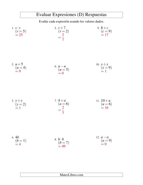 La hoja de ejercicios de Evaluar Expresiones Algebraicas, Una Variable, Un Paso (D) Página 2