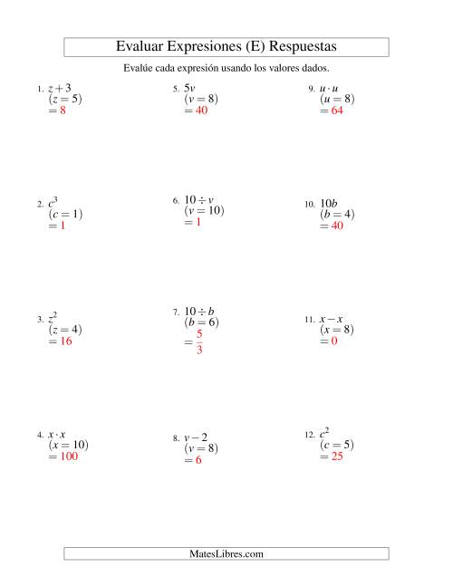 La hoja de ejercicios de Evaluar Expresiones Algebraicas, Una Variable, Un Paso (E) Página 2