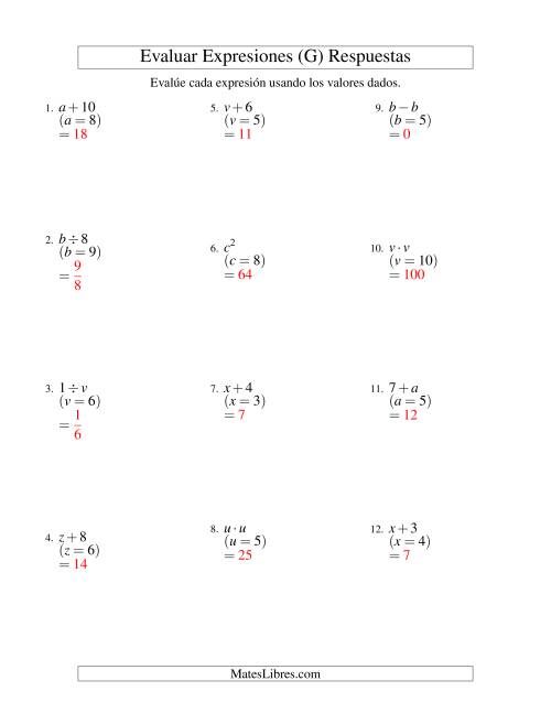La hoja de ejercicios de Evaluar Expresiones Algebraicas, Una Variable, Un Paso (G) Página 2