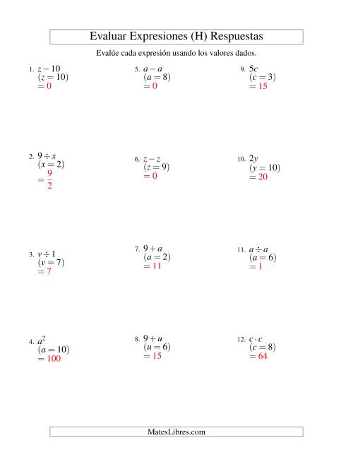 La hoja de ejercicios de Evaluar Expresiones Algebraicas, Una Variable, Un Paso (H) Página 2