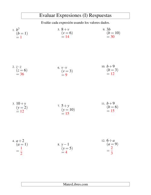 La hoja de ejercicios de Evaluar Expresiones Algebraicas, Una Variable, Un Paso (I) Página 2