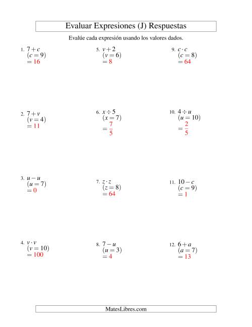 La hoja de ejercicios de Evaluar Expresiones Algebraicas, Una Variable, Un Paso (J) Página 2