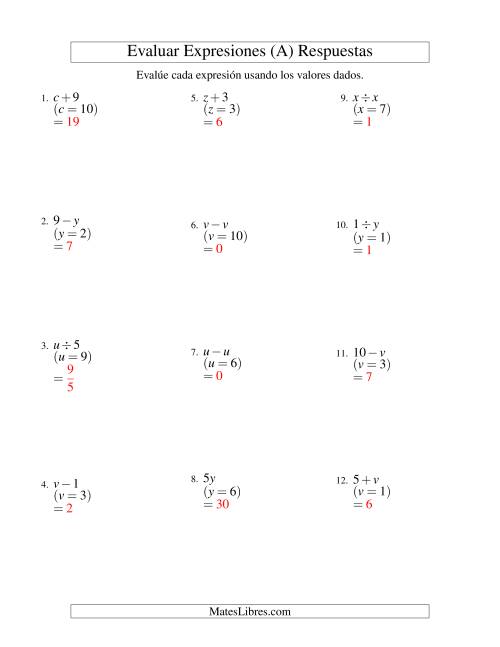 La hoja de ejercicios de Evaluar Expresiones Algebraicas, Una Variable, Un Paso, Sin Exponentes (A) Página 2