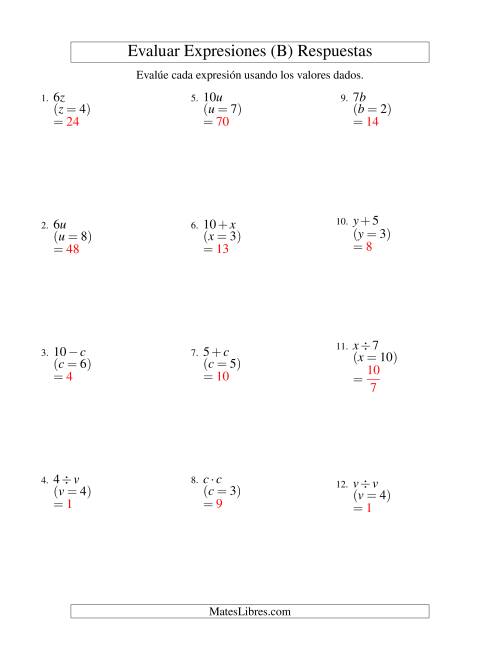 La hoja de ejercicios de Evaluar Expresiones Algebraicas, Una Variable, Un Paso, Sin Exponentes (B) Página 2