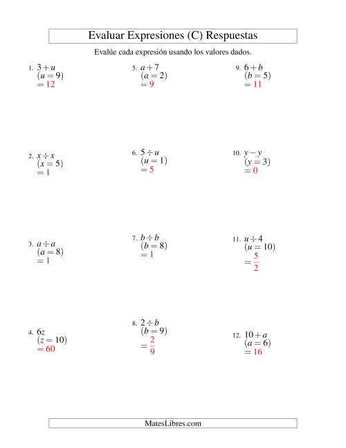 La hoja de ejercicios de Evaluar Expresiones Algebraicas, Una Variable, Un Paso, Sin Exponentes (C) Página 2