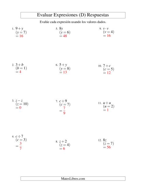 La hoja de ejercicios de Evaluar Expresiones Algebraicas, Una Variable, Un Paso, Sin Exponentes (D) Página 2