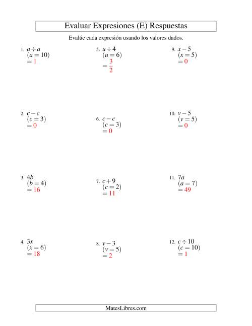 La hoja de ejercicios de Evaluar Expresiones Algebraicas, Una Variable, Un Paso, Sin Exponentes (E) Página 2