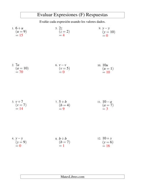 La hoja de ejercicios de Evaluar Expresiones Algebraicas, Una Variable, Un Paso, Sin Exponentes (F) Página 2