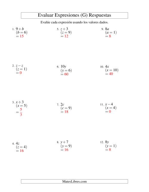 La hoja de ejercicios de Evaluar Expresiones Algebraicas, Una Variable, Un Paso, Sin Exponentes (G) Página 2