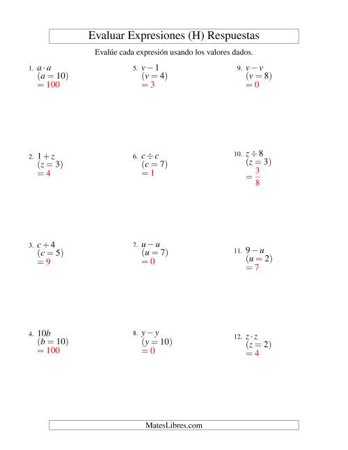 La hoja de ejercicios de Evaluar Expresiones Algebraicas, Una Variable, Un Paso, Sin Exponentes (H) Página 2