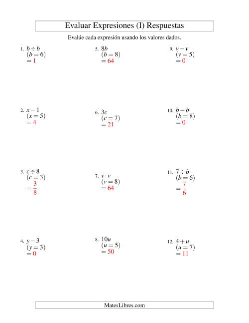 La hoja de ejercicios de Evaluar Expresiones Algebraicas, Una Variable, Un Paso, Sin Exponentes (I) Página 2