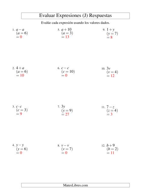 La hoja de ejercicios de Evaluar Expresiones Algebraicas, Una Variable, Un Paso, Sin Exponentes (J) Página 2