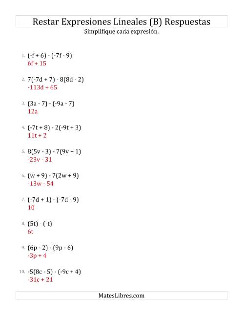 La hoja de ejercicios de Restar y Simplificar Expresiones Lineales con Algunos Multiplicadores (B) Página 2