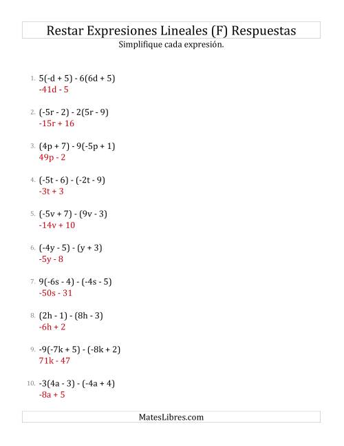 La hoja de ejercicios de Restar y Simplificar Expresiones Lineales con Algunos Multiplicadores (F) Página 2