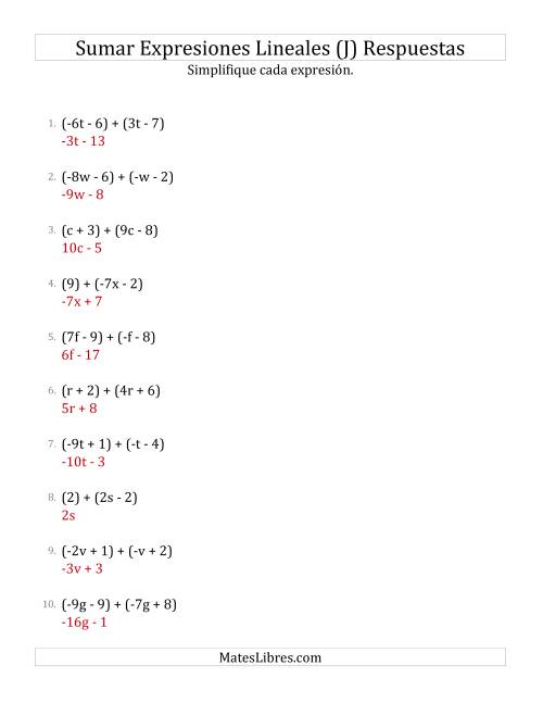 La hoja de ejercicios de Sumar y Simplificar Expresiones Lineales (J) Página 2