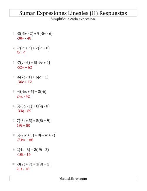 La hoja de ejercicios de Sumar y Simplificar Expresiones Lineales que Siempre Incluyen Multiplicadores (H) Página 2