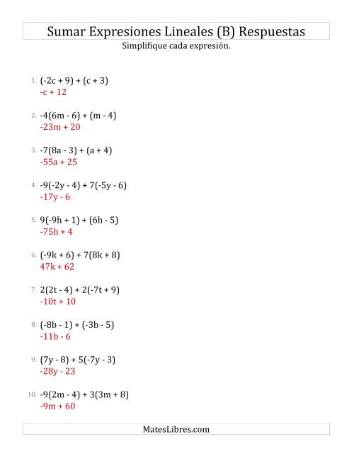La hoja de ejercicios de Sumar y Simplificar Expresiones Lineales con Algunos Multiplicadores (B) Página 2