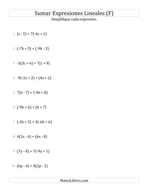 La hoja de ejercicios de Sumar y Simplificar Expresiones Lineales con Algunos Multiplicadores (F)