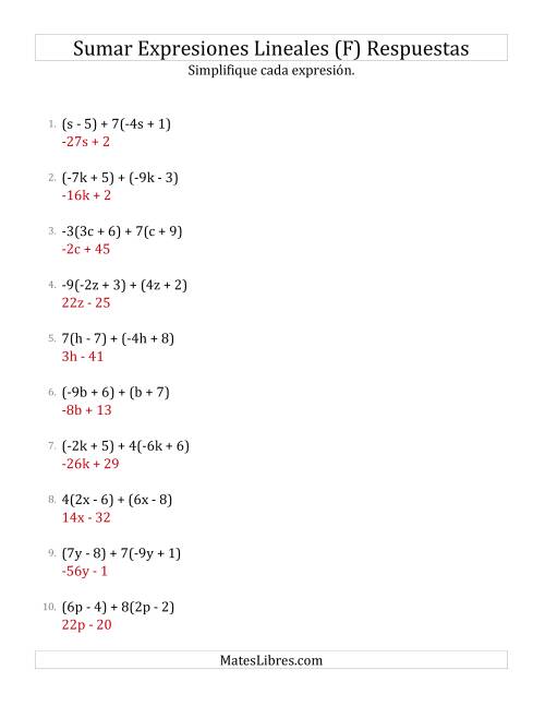 La hoja de ejercicios de Sumar y Simplificar Expresiones Lineales con Algunos Multiplicadores (F) Página 2