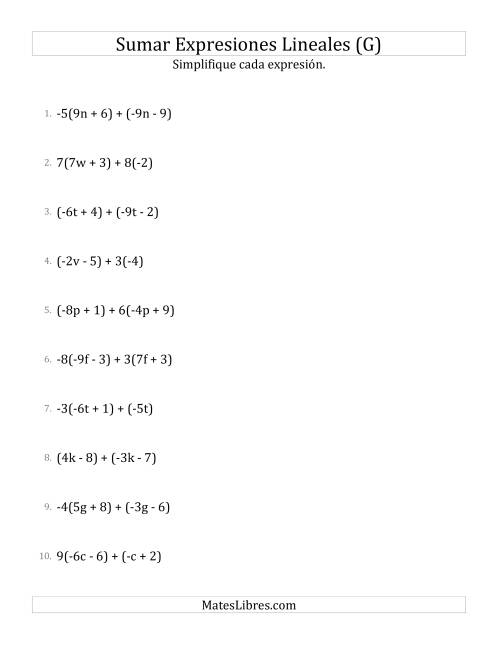 La hoja de ejercicios de Sumar y Simplificar Expresiones Lineales con Algunos Multiplicadores (G)