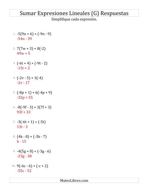 La hoja de ejercicios de Sumar y Simplificar Expresiones Lineales con Algunos Multiplicadores (G) Página 2