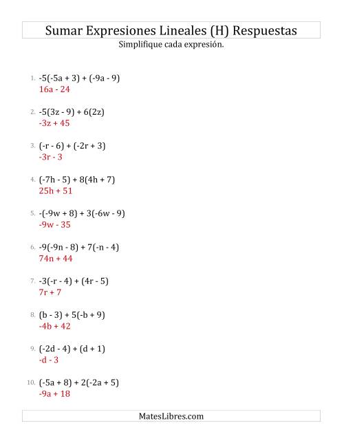 La hoja de ejercicios de Sumar y Simplificar Expresiones Lineales con Algunos Multiplicadores (H) Página 2