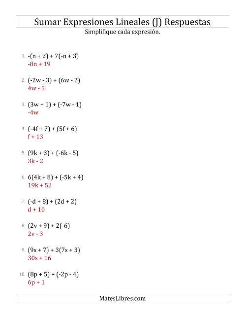 La hoja de ejercicios de Sumar y Simplificar Expresiones Lineales con Algunos Multiplicadores (J) Página 2