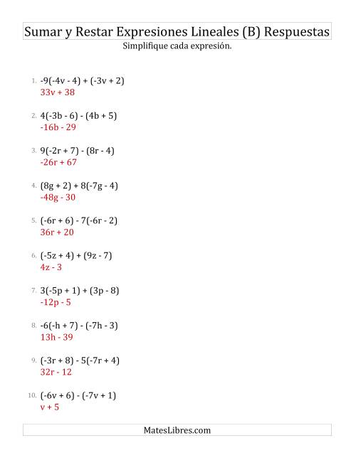 La hoja de ejercicios de Sumar, Restar y Simplificar Expresiones Lineales con Algunos Multiplicadores (B) Página 2
