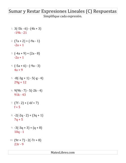 La hoja de ejercicios de Sumar, Restar y Simplificar Expresiones Lineales con Algunos Multiplicadores (C) Página 2