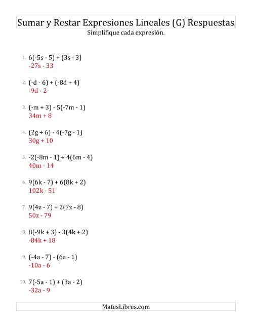 La hoja de ejercicios de Sumar, Restar y Simplificar Expresiones Lineales con Algunos Multiplicadores (G) Página 2