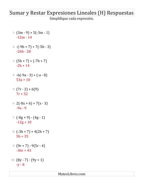 La hoja de ejercicios de Sumar, Restar y Simplificar Expresiones Lineales con Algunos Multiplicadores (H) Página 2
